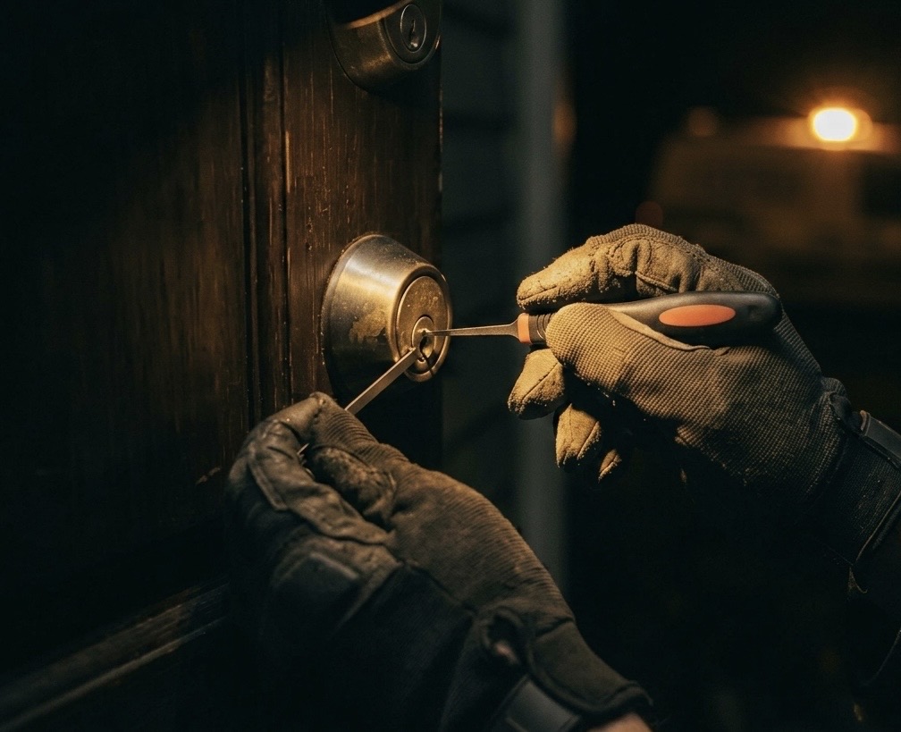 Locksmith carefully working on a door lock